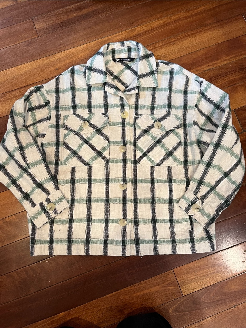 Zara White, Green & Black Plaid Button-Front Shirt Jacket XS